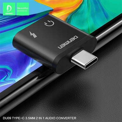 Adapter audio Denmen, USB-C në 3.5mm, alumini, i zi