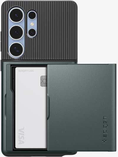 Заштитна маска за телефон Spigen Slim Armor CS, Samsung Galaxy S25 Ultra, џеб за картички, зелена Abyss