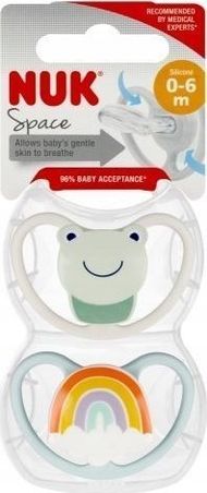 Qetësuese bebe NUK Space, silikon 0-6m, set 2 copë, shumëngjyrëshe