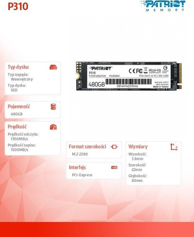Disk SSD Patriot P310 . 480GB, M.2 2280 PCI-E x4 Gen3 NVMe