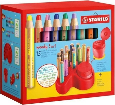 Set lapsa ngjyrosës STABILO Woody 3 in 1 Desk, 15 copë, me mprehëse me enë, shumëngjyrësh