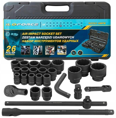 Сет ударни клучеви со бокс 26 парчиња, 3/4\" и 1\", 17-65mm, метален
