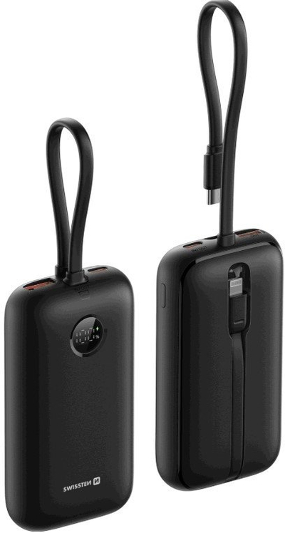Power bank Swissten Voltbox, 10000 mAh, 35W, me kabllo USB C dhe Lightning, i zi