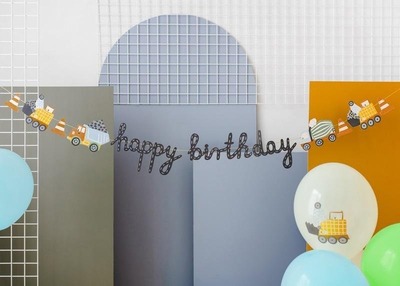 Banner dekorativ Happy Birthday, makina ndërtimi, 2.5 m, shumëngjyrësh