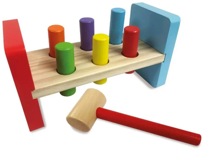 Дрвена играчка со чекан Woodlets Hammer Bench, 6 клинци, за деца 12+ месеци, повеќебојна