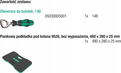 Set tapet për gjunjëzim dhe hapëse shishesh Wera 9516, shkumë 480 x 280 x 25 mm, dorezë ergonomike, e zezë jeshile
