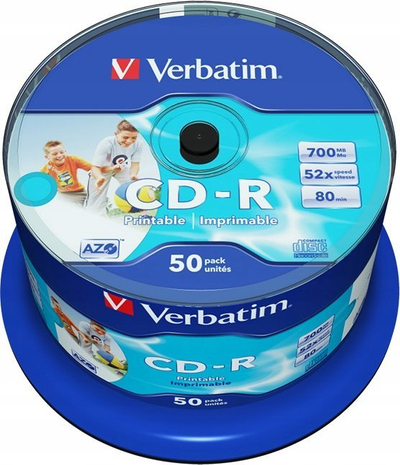 Disk CD-R Verbatim Printable, 700MB 52x, paketë me 50 copa, i bardhë