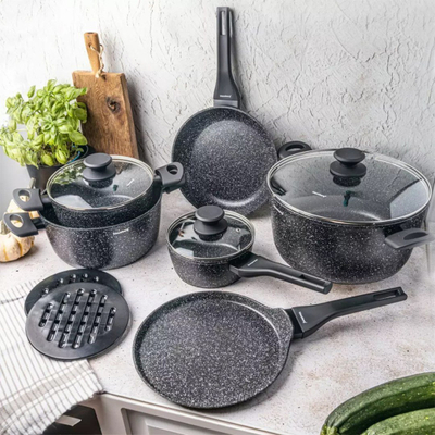 Set tenxheresh dhe tiganësh Klausberg KB-7658, 12 pjesë, veshje mermeri, i zi