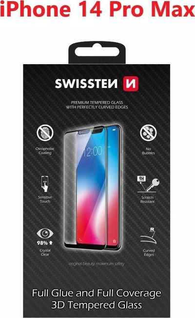 Заштитно стакло Swissten 3D Full Glue за iPhone 14 Pro Max, зајакнато стакло, црно
