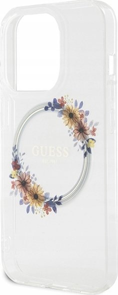 Mbulesë telefoni Guess IML Wreath MagSafe për iPhone 15 Pro, e fortë, transparente