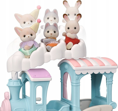 Set lodër Sylvanian Families Floating Cloud Rainbow Train, tren me re dhe ylber, me bebe Fennec Fox, shumëngjyrësh