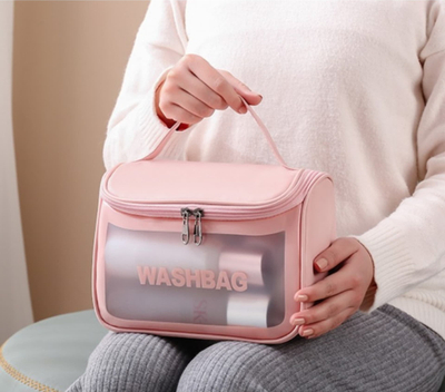 Çantë kozmetike organizuese Vanity Case për udhëtim, me grep, rozë