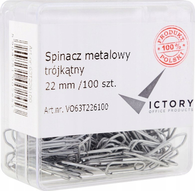 Kleça trekëndore metalike Victory Office 22mm, kuti plastike, 100 copë