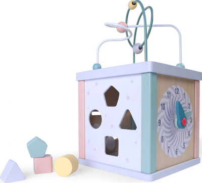 Kub druri edukativ ECOTOYS, sorter formash, labirint rruazash, ngjyra pastel