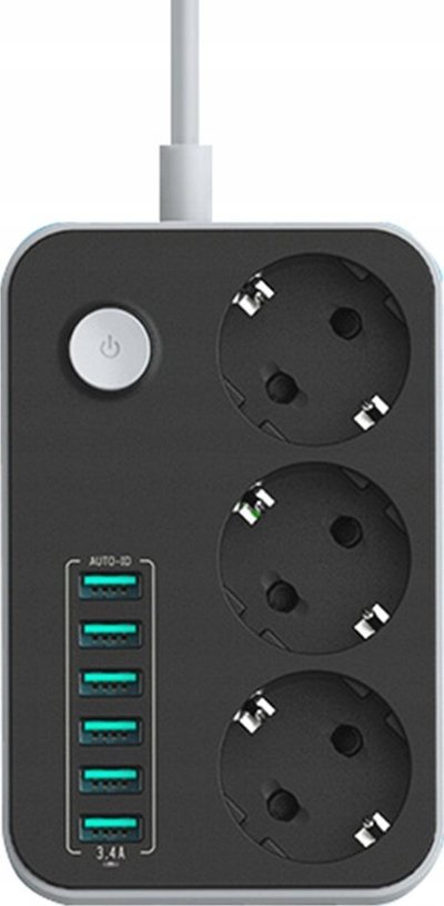Prizë zgjatëse me 3 dalje dhe 6 porta USB, kabllo 1.8m, 2500W, e bardhë