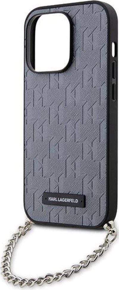 Kapak telefoni Karl Lagerfeld Saffiano Monogram Chain për iPhone 14 Pro Max, lëkurë ekologjike, me zinxhir, argjend
