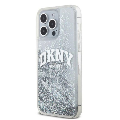 Mbulesë telefoni DKNY Liquid Glitter me logon e madhe për iPhone 15 Pro 6.1", transparente, me xixa, e bardhë