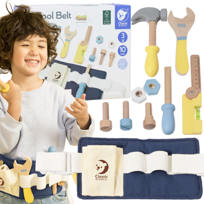 Сет играчка појас со дрвени алатки Classic World Tool Belt, 10 парчиња, за деца 3+, повеќебојно