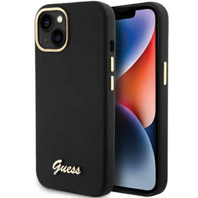 Maskë telefoni Guess Silicone Script për iPhone 15, silikon, me logo metal, e zezë