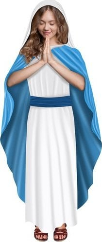 Детски костум Марија Nativity Play, должина 120cm, туника со син намет, бела