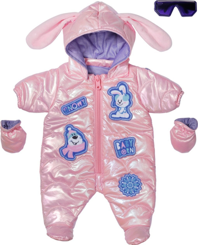 Kostum dimëror për kukulla Baby Born Deluxe, 43cm, set me dorashka dhe syze, rozë metalike
