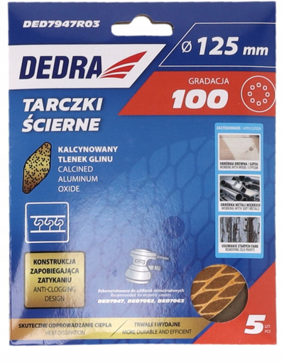 Абразивни дискови DEDRA DED7947R03, 125mm, гранулација 100, сет 5 парчиња