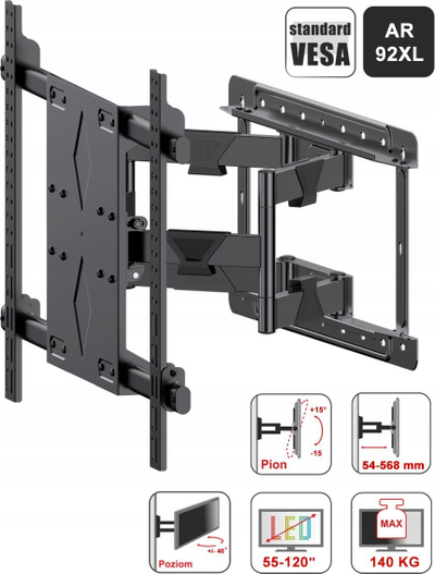 Mbajtëse muri për TV Art AR-92XL, 55-120", 140kg, max VESA 1000x600, e zezë