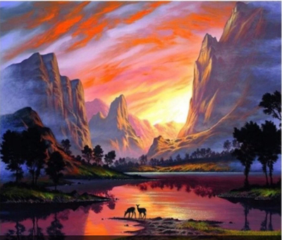 Set pikturimi me numra Norimpex Mountains Sunset, 40x50cm, komplet me bojra dhe furça, shumëngjyrësh