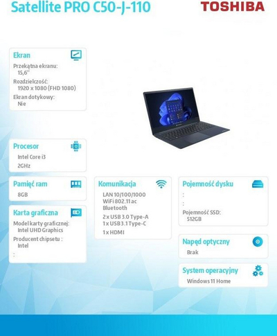 Laptop Dynabook Satellite Pro C50-J-110, 15.6'', 8GB RAM, Intel Core i3-1125G4, i kaltër