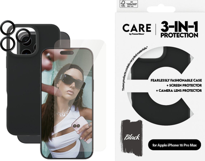 Set mbrojtës CARE by PanzerGlass 3‑në‑1, për iPhone 16 Pro Max, xham ekrani, mbrojtës lente dhe kuti e zezë