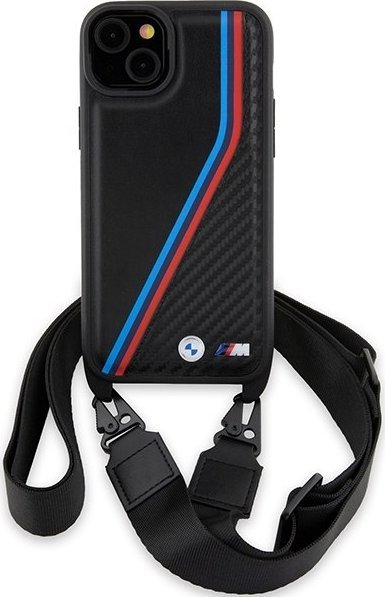 Mbulesë telefoni BMW M Edition Carbon Tricolor Lines me rrip për iPhone 15 Plus 14 Plus, plastike, shumëngjyrëshe