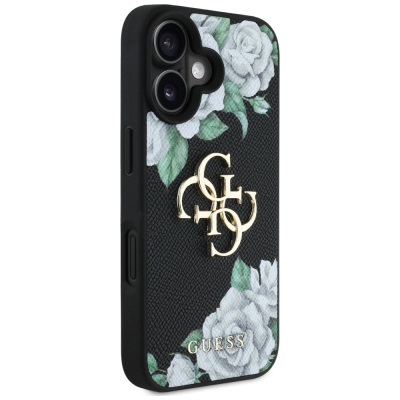 Kapak telefoni Guess Grained Roses Big 4G Logo për iPhone 16, plastik, për telefon, i zi