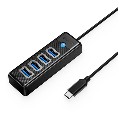Hub USB Orico PW4U-C3, USB-C në 4 porta USB-A 3.0, 5 Gbps, i zi
