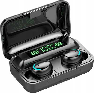 Kufje wireless TWS me powerbank, Bluetooth, kuti karikimi me ekran dixhital, ngjyrë e zezë