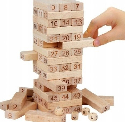 Lojë tavoline Wiss Toy Wooden Tower, 54 kube druri, me zar, me ngjyrë druri