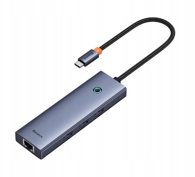 Hub USB C Baseus UltraJoy 6 në 1, HDMI 4K, 3x USB 3.0, RJ45, 100W PD, gri
