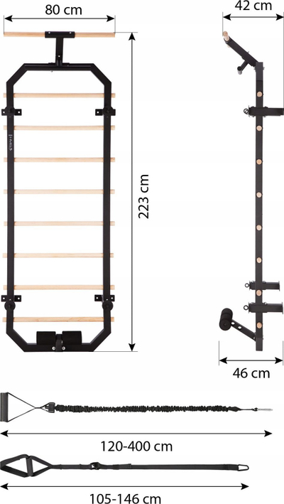Shkallë gjimnastike muri HMS DW2708, 8 shufra druri, çelik, multifunksionale