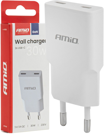 Karikues muri Amio 04839, 30W GaN, 2x USB-C, i bardhë