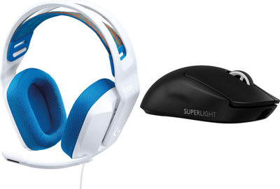 Сет гејминг Logitech G335 и G PRO X SuperLight 2, слушалки 3.5 mm, безжичен глушец, бели