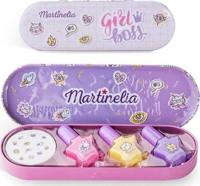 Сет за маникир за деца Martinelia Super Girl, 3 лакови за нокти, со стикери, во виолетова метална кутија