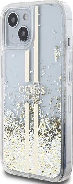 Mbulesë telefoni Guess Liquid Glitter Stripes për iPhone 15, 14, 13 6.1", transparente me grimca të arta
