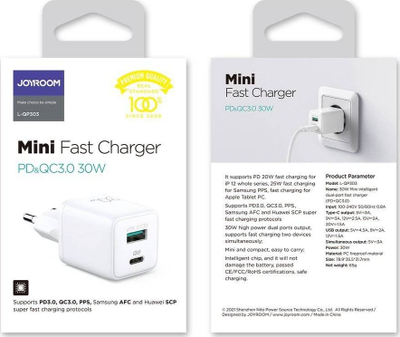 Karikues muri Joyroom L-QP303, 30W, 1x USB-A 1x USB-C, i bardhë