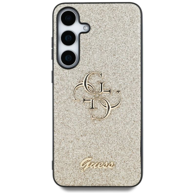 Kllëf telefoni Guess Fixed Glitter Big 4G për Samsung Galaxy S25 6.2", me logo metal, ngjyrë ari
