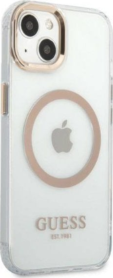 Mbështjellës telefoni Guess MagSafe për iPhone 13, transparent, me detaje ari