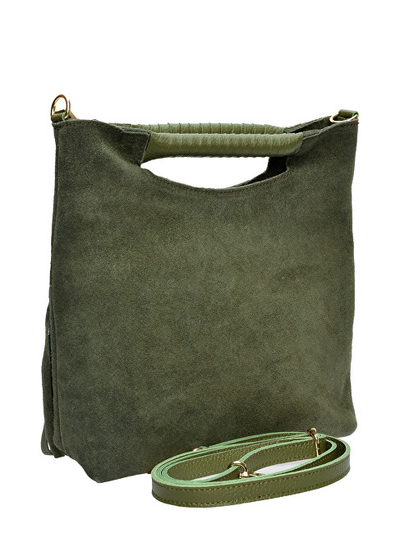 Çantë dore AW25 LV 8189T, lëkurë suede, me rrip të rregullueshëm, jeshile ushtarake