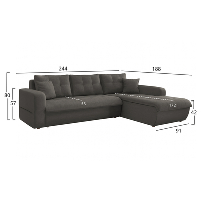 Divan këndor krevati HomeMarkt KANSO HM3338.01R, qoshe djathtas, 244x188x80 cm, gri