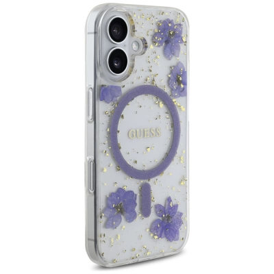 Футрола за телефон Guess Resin Flowers Glitter MagSafe, за iPhone 16 6.1", виолетова