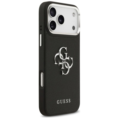 Mbulesë telefoni Guess Hardcase 4G Grained, për iPhone 17 Pro Max, TPU dhe lëkurë eco, e zezë