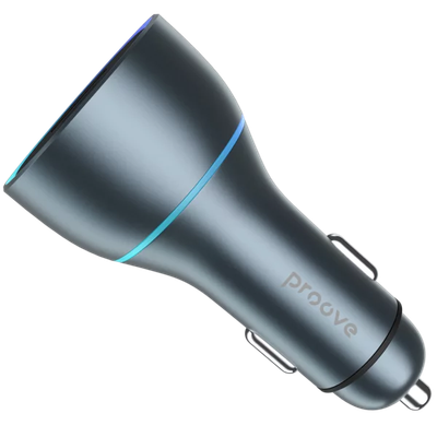 Karikues për makinë Proove Supercharge, 130W, 2×Type-C + USB, metal gri