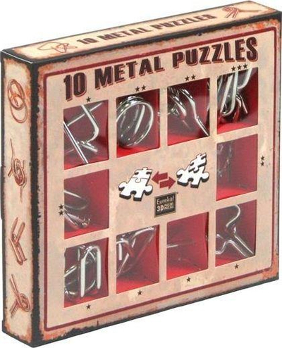 Set enigmash metalike 10 copë, nivele të ndryshme vështirësie, kuti e kuqe